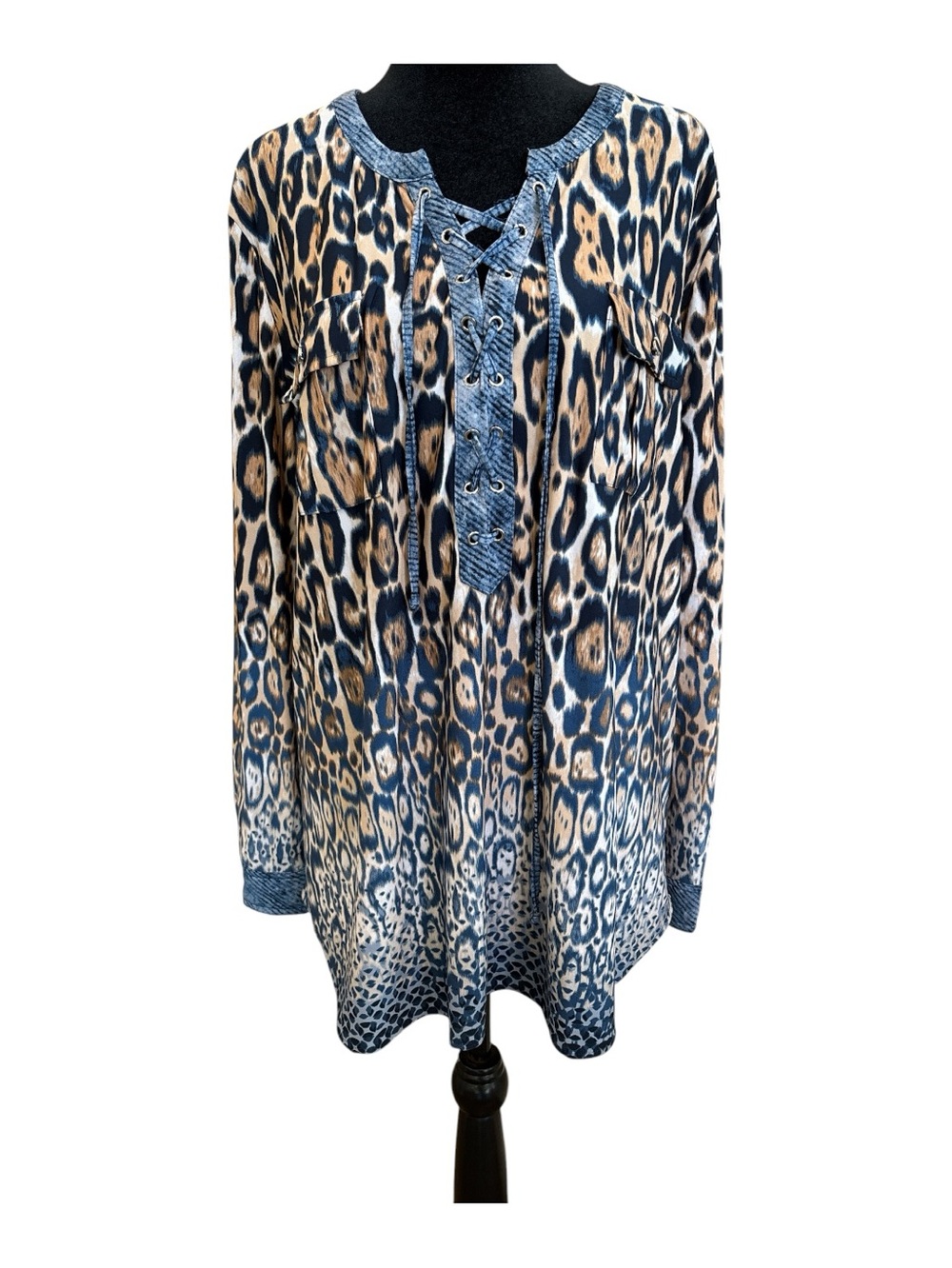 Peter Nygard Blue and Tan Animal Print Blouse